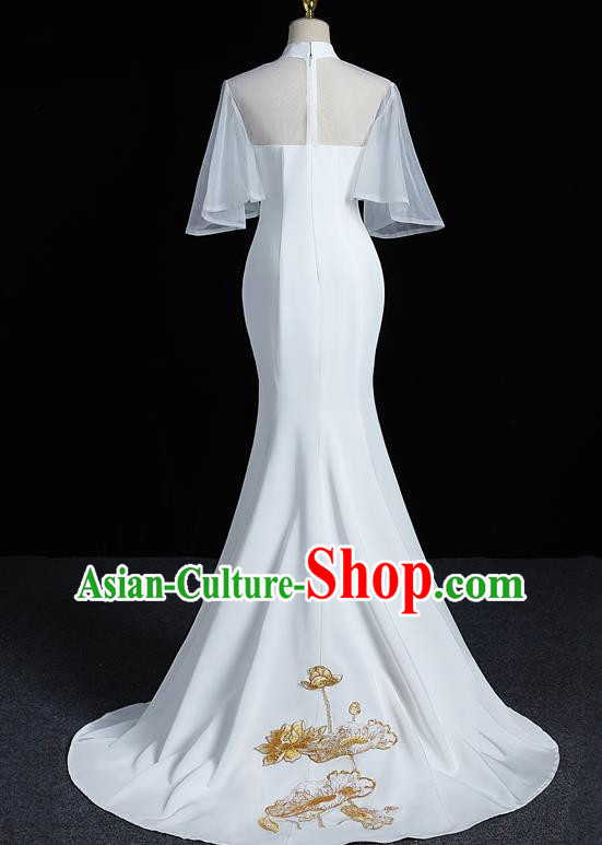 Chinese Design High End Evening Dress Trailing White Long Catwalk Costume Fishtail Slim Fit Mid Sleeved Annual Meeting Dress Skirt