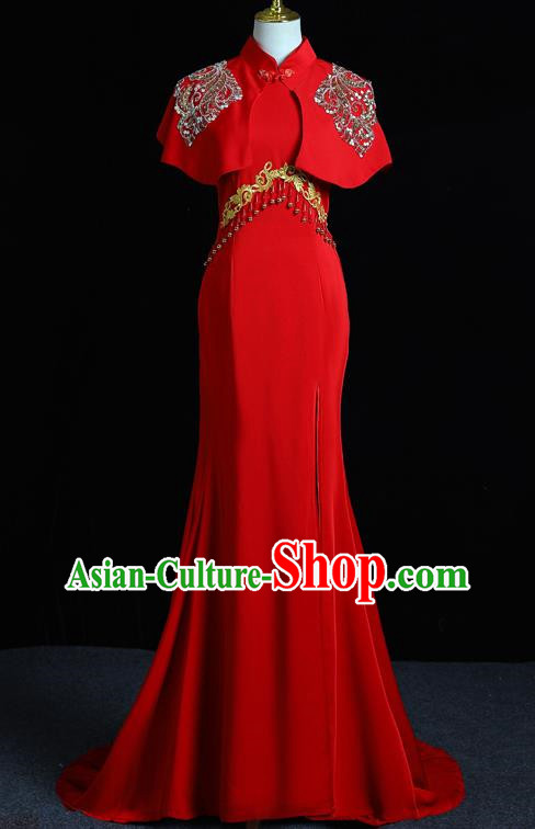 Chinese Design Red Senior Evening Dress Trailing Long Fishtail Slim Banquet Elegant Temperament Catwalk Dress Skirt