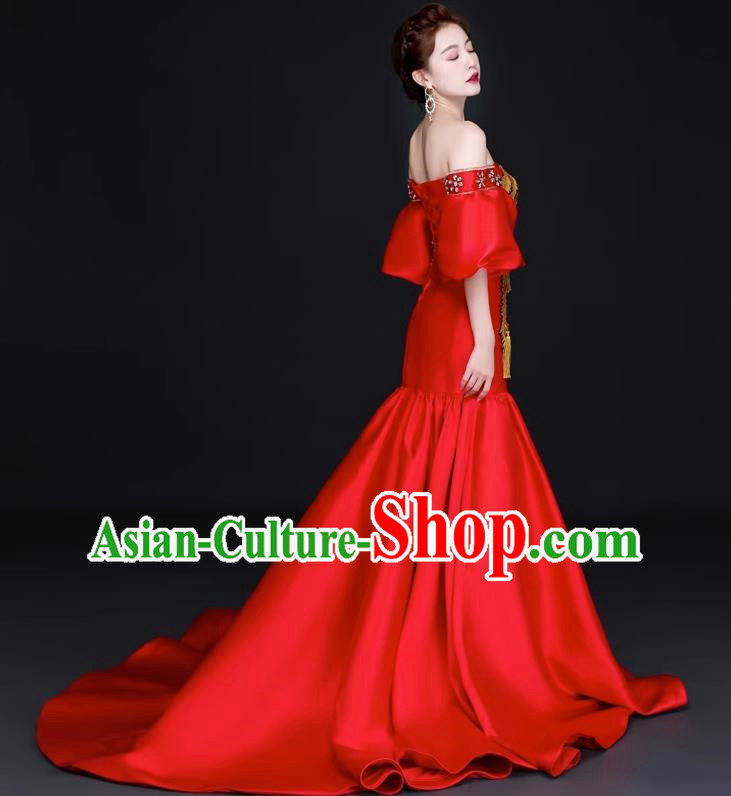 Chinese Design High End Trailing Banquet Evening Dress Long Fishtail Self Cultivation Model Catwalk Dress One Shoulder Costume