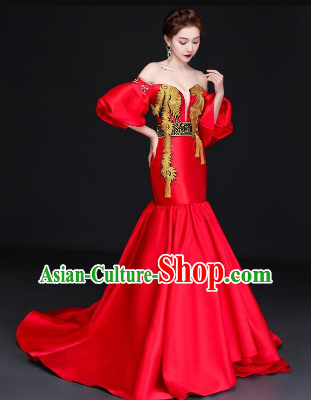 Chinese Design High End Trailing Banquet Evening Dress Long Fishtail Self Cultivation Model Catwalk Dress One Shoulder Costume