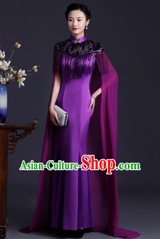 Purple Catwalk Cheongsam Temperament Mermaid Dress Chinese Design High End Stage Costume Cape