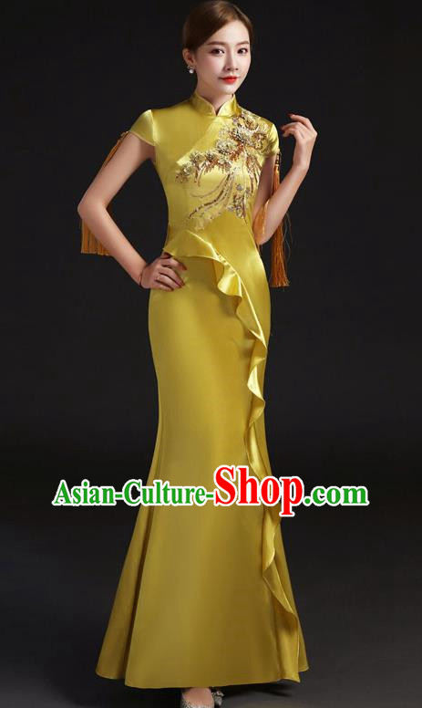 Chinese Design Improved Evening Dress Fishtail Chinese Design Stage Performance Costume Annual Meeting Host Model Catwalk Cheongsam Tassel