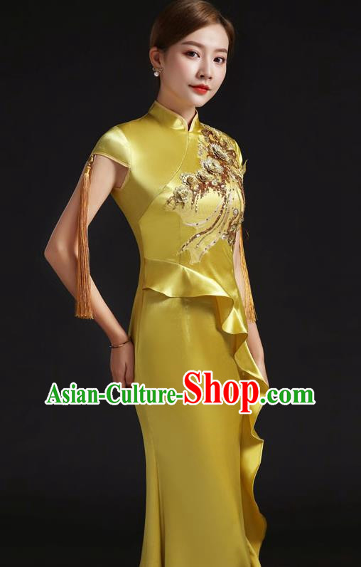 Chinese Design Improved Evening Dress Fishtail Chinese Design Stage Performance Costume Annual Meeting Host Model Catwalk Cheongsam Tassel