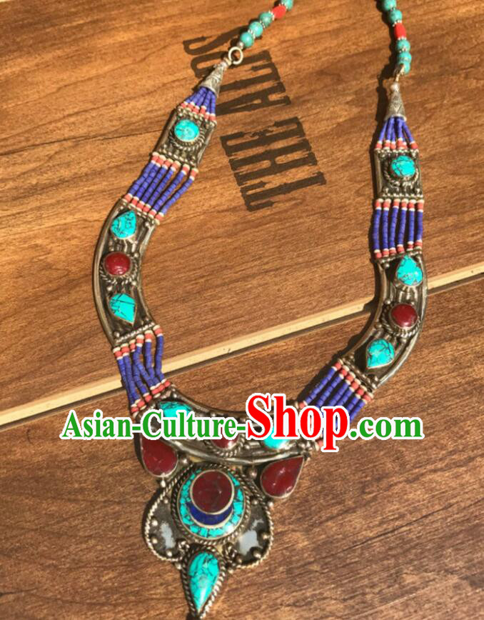 Handmade Tibetan Ethnic Necklet Jewelry Traditional Nepal Kallaite Accessories Chinese Zang Nationality Woman Gems Necklace
