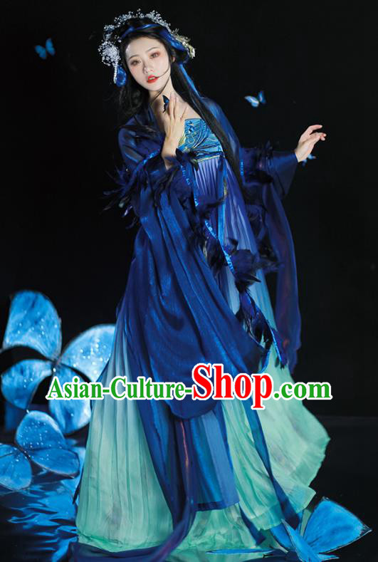 Traditional Woman Blue Hanfu China Ancient Princess Hezi Dress Tang Dynasty Young Lady Costumes