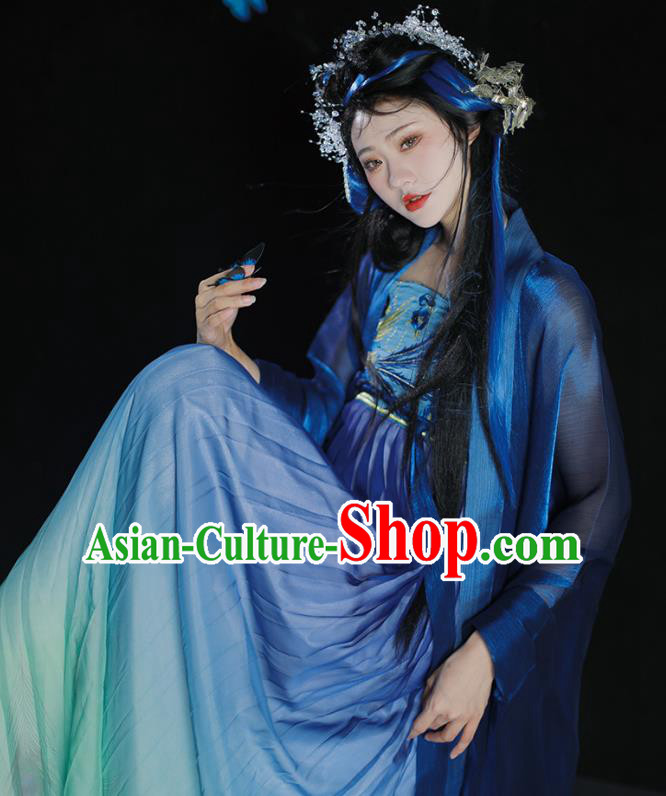 Traditional Woman Blue Hanfu China Ancient Princess Hezi Dress Tang Dynasty Young Lady Costumes