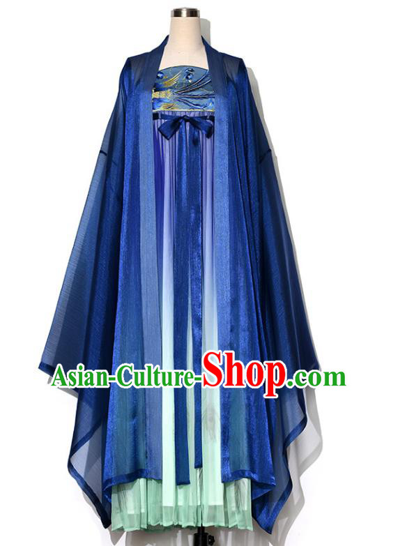Traditional Woman Blue Hanfu China Ancient Princess Hezi Dress Tang Dynasty Young Lady Costumes