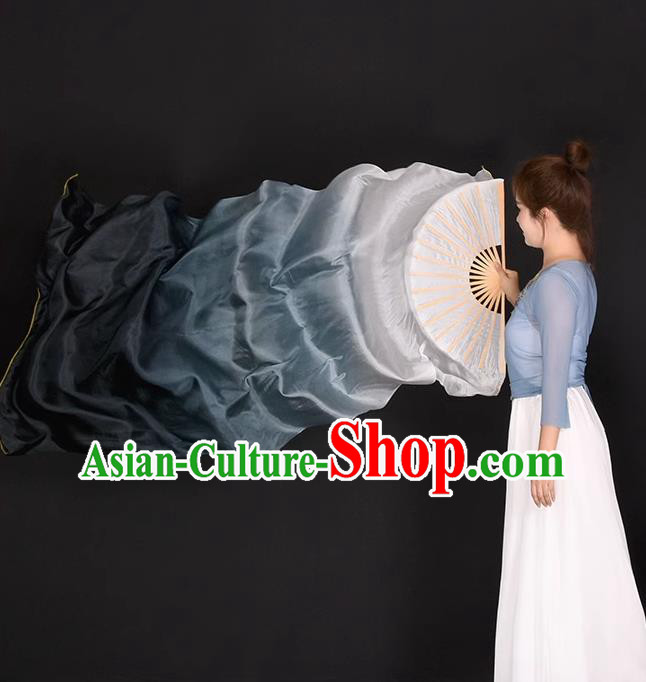 China Dance Contest Long Ribbon Fan Classical Dance Folding Fan Handmade Gradient White to Black Pure Silk Fan
