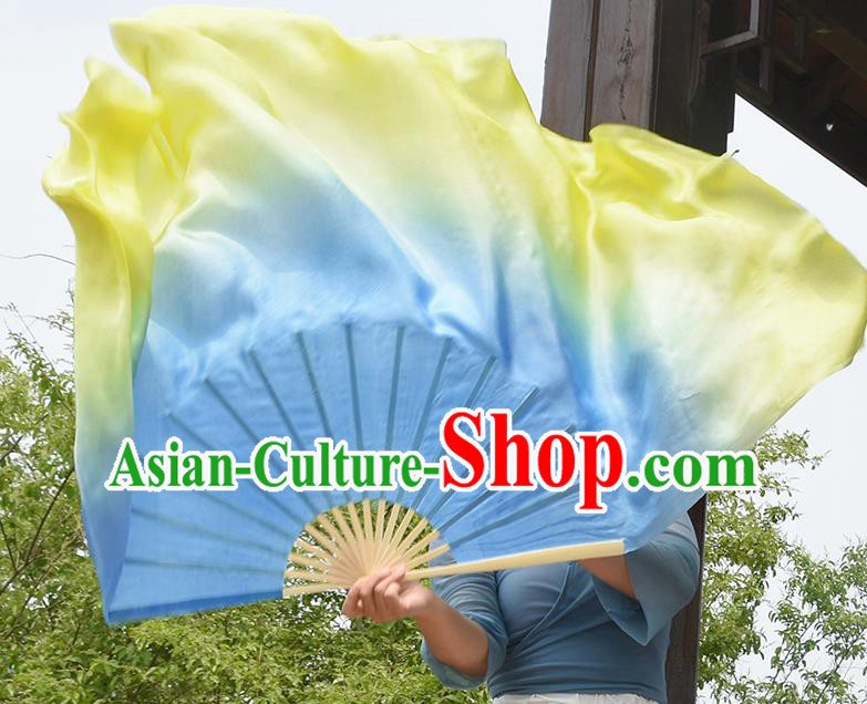 China Handmade Gradient Giant Blue to Yellow Pure Silk Fan Yangko Dance Ribbon Fan Classical Dance Folding Fan