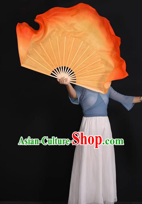 Classical Dance Ribbon Fan Women Group Dance Fan China Handmade Pure Silk Fan Yangko Dance Orange Fan