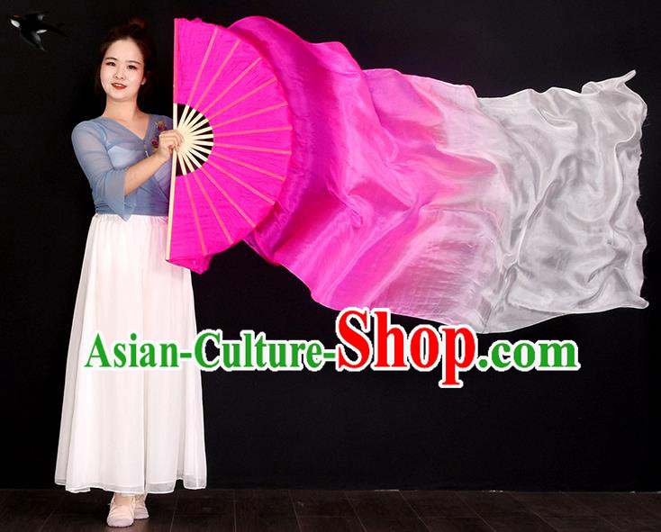 China Women Group Dance Fan Handmade Pure Silk Fan Yangko Dance Fan Classical Dance Gradient Pink Long Ribbon Fan