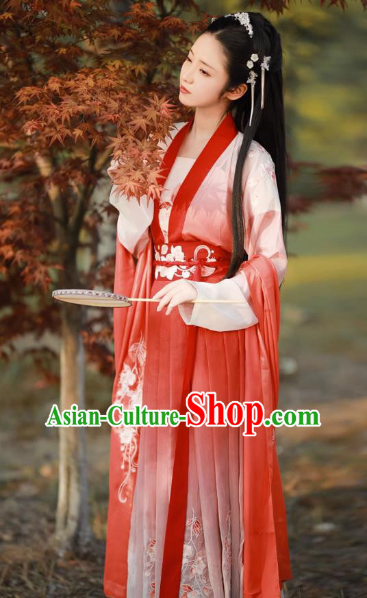 China Ancient Civilian Female Red Costumes Woman Hanfu Song Dynasty Young Lady Embroidered Clothing