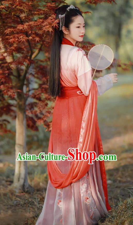 China Ancient Civilian Female Red Costumes Woman Hanfu Song Dynasty Young Lady Embroidered Clothing