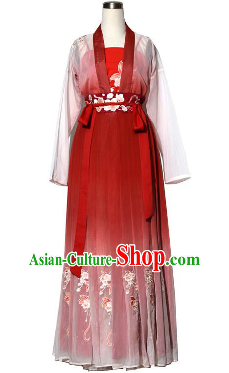 China Ancient Civilian Female Red Costumes Woman Hanfu Song Dynasty Young Lady Embroidered Clothing