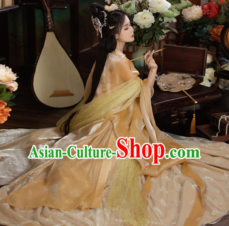 China Ancient Magnificent Concubine Yang Costumes Traditional Golden Hanfu Tang Dynasty Empress Embroidered Clothing