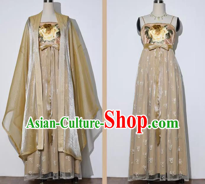 China Ancient Magnificent Concubine Yang Costumes Traditional Golden Hanfu Tang Dynasty Empress Embroidered Clothing