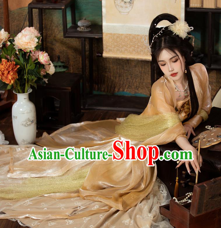 China Ancient Magnificent Concubine Yang Costumes Traditional Golden Hanfu Tang Dynasty Empress Embroidered Clothing
