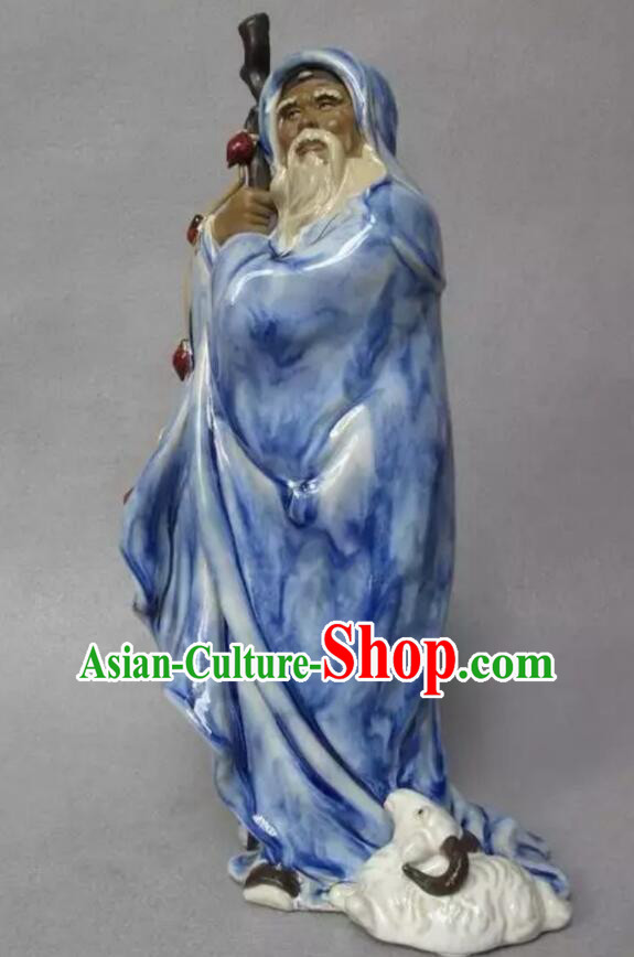 Chinese Handmade Historic Figure Statue Shi Wan Ceramics Blue Su Wu Feeding Sheep