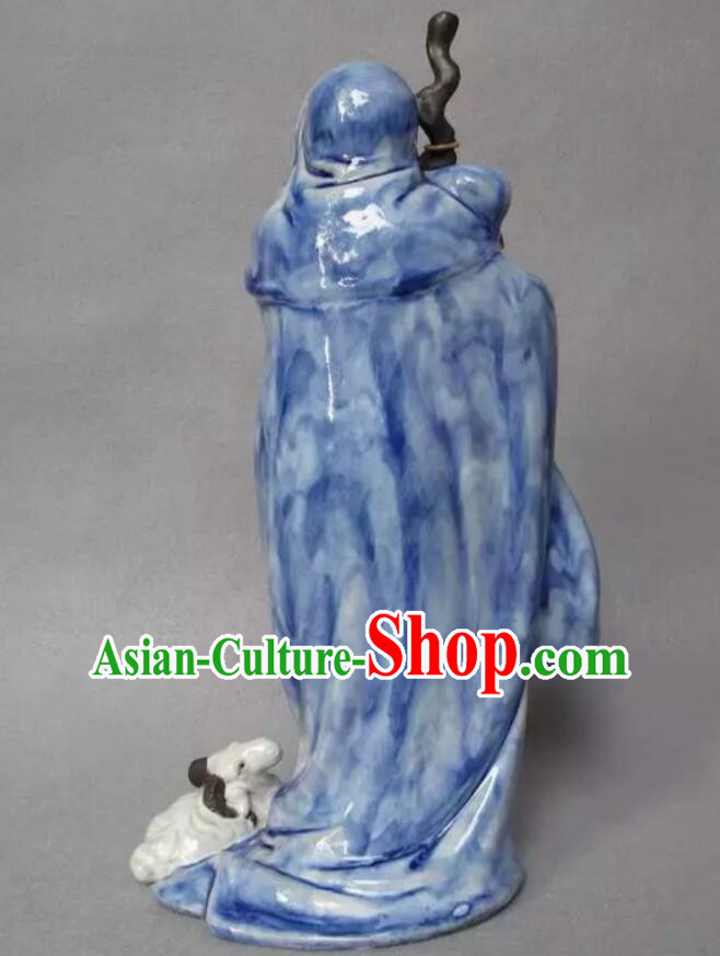 Chinese Handmade Historic Figure Statue Shi Wan Ceramics Blue Su Wu Feeding Sheep