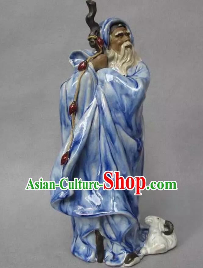 Chinese Handmade Historic Figure Statue Shi Wan Ceramics Blue Su Wu Feeding Sheep