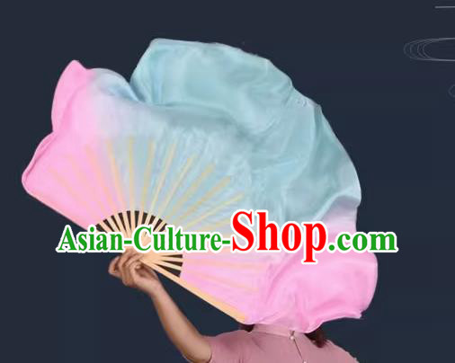 China Yangko Dance Fan Handmade Stage Pink and Blue Silk Fan Classical Dance Ribbon Fan