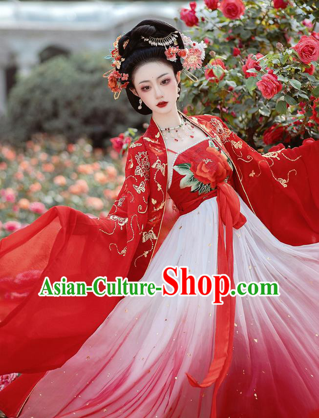 China Tang Dynasty Court Empress Costumes Ancient Goddess Red Dress Clothing