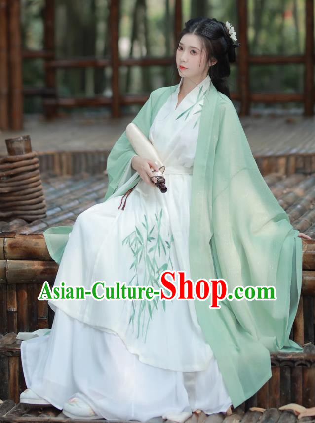 China Ancient Noble Woman Green Dress Clothing Wei Jin Dynasty Young Lady Costumes