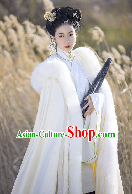 China Ming Dynasty Noble Lady Costume Ancient Empress White Cape Traditional Hanfu Hooded Cloak