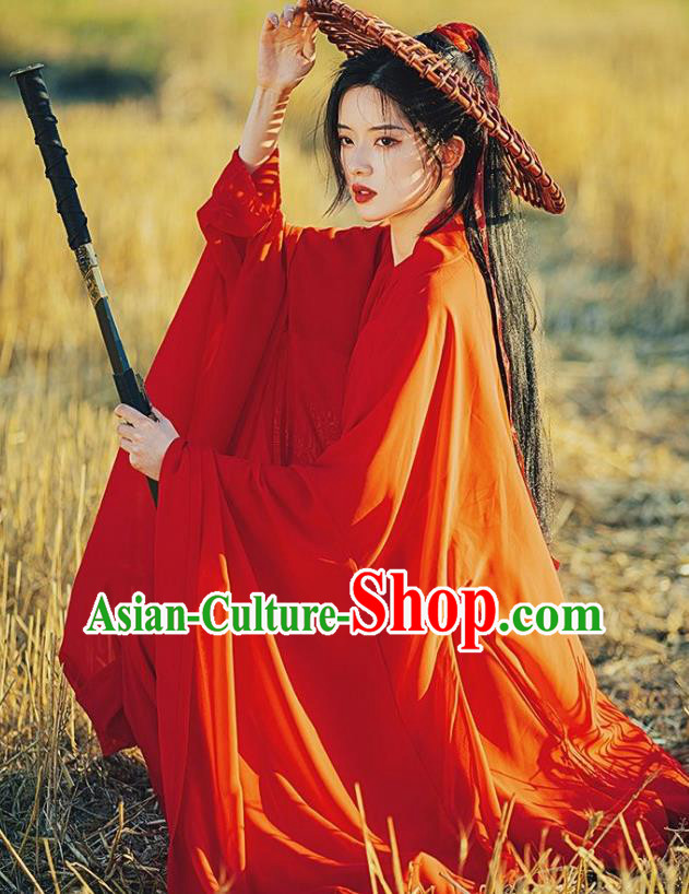 Ancient Swordswoman Costumes Female Red Hanfu Dress China Jin Dynasty Clothing