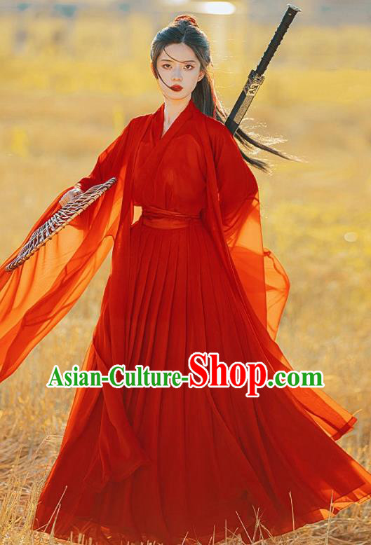 Ancient Swordswoman Costumes Female Red Hanfu Dress China Jin Dynasty Clothing