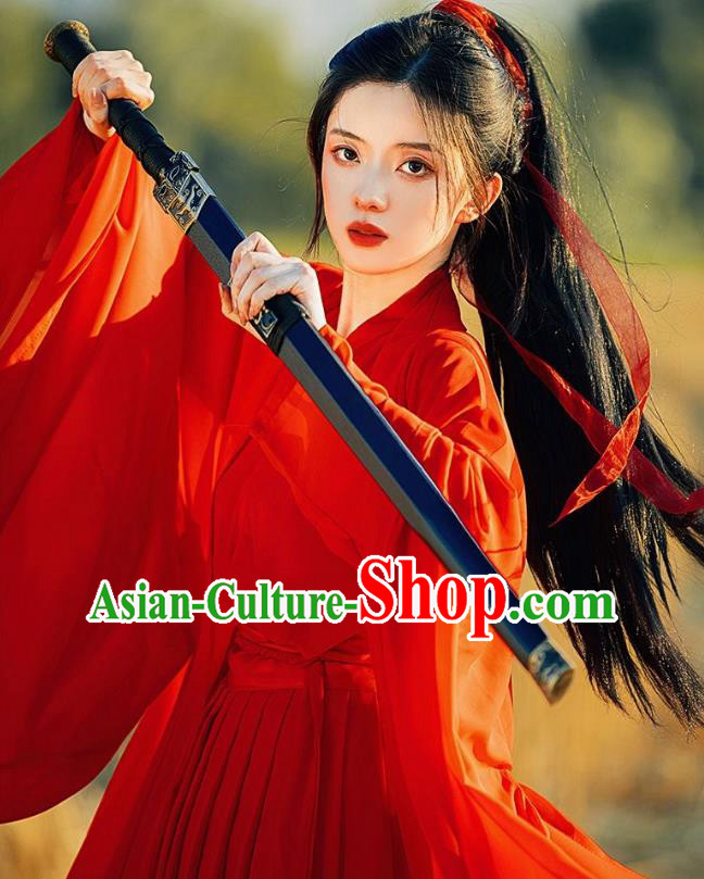 Ancient Swordswoman Costumes Female Red Hanfu Dress China Jin Dynasty Clothing