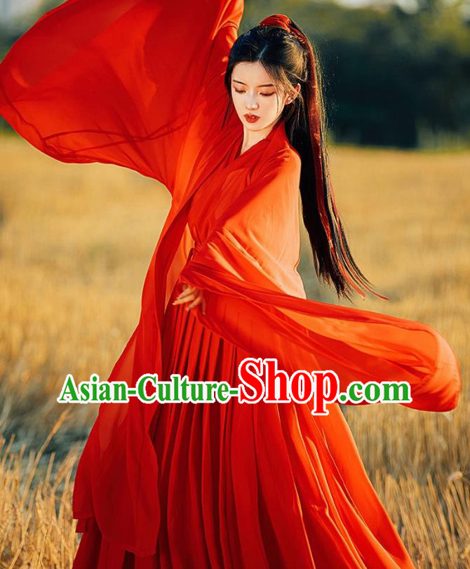 Ancient Swordswoman Costumes Female Red Hanfu Dress China Jin Dynasty Clothing