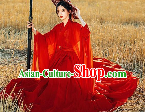 Ancient Swordswoman Costumes Female Red Hanfu Dress China Jin Dynasty Clothing