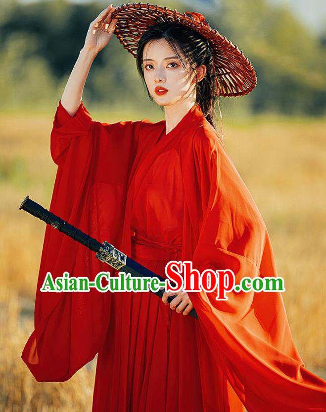 Ancient Swordswoman Costumes Female Red Hanfu Dress China Jin Dynasty Clothing