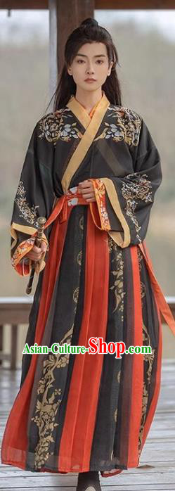 China Jin Dynasty Young Childe Clothing Ancient Swordsman Costumes Male Black Hanfu
