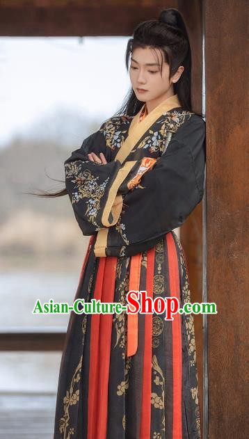 China Jin Dynasty Young Childe Clothing Ancient Swordsman Costumes Male Black Hanfu