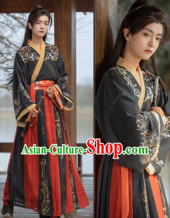 China Jin Dynasty Young Childe Clothing Ancient Swordsman Costumes Male Black Hanfu