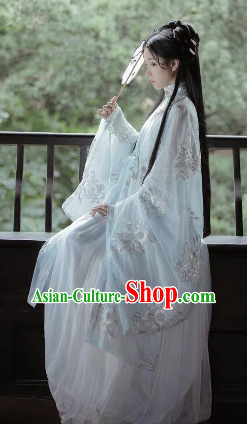 China Ancient Noble Lady Costumes Woman Light Blue Hanfu Dress Ming Dynasty Embroidered Clothing