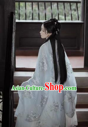 China Ancient Noble Lady Costumes Woman Light Blue Hanfu Dress Ming Dynasty Embroidered Clothing