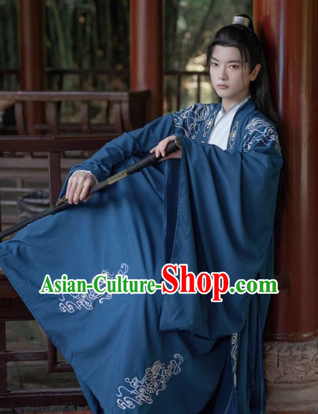 China Ancient Swordsman Embroidered Costumes Male Deep Blue Hanfu Jin Dynasty Young Childe Clothing
