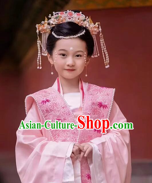 Chinese Children Pink Hanfu Dress Ancient Empress Costumes Song Dynasty Princess Clothing