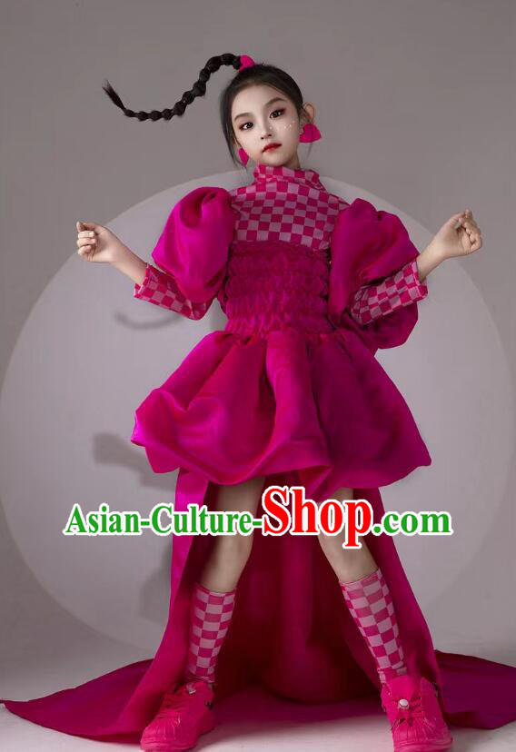 Top Children Catwalks Clothing Professional Model Contest Magenta Lantern Dress Cool Girl Stage Show Costume