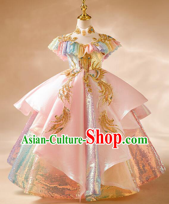 Top Children Catwalks Clothing Professional Model Contest Pink Full Dress Princess Fashion Stage Show Costume