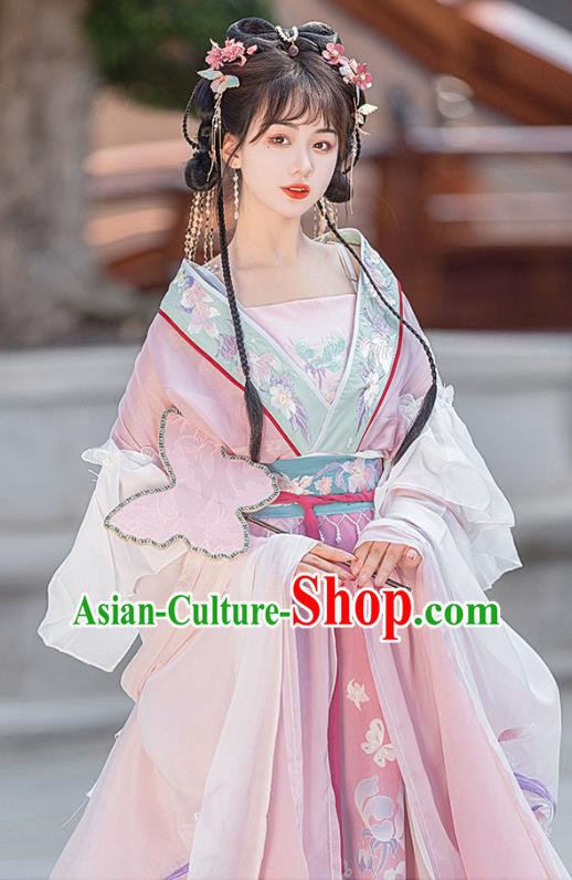 China Jin Dynasty Princess Clothing Ancient Goddess Garments Costumes Traditional Fairy Pink Hanfu Dress
