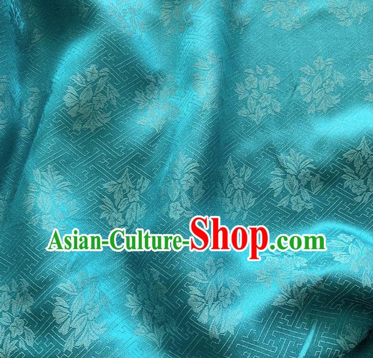 Peacock Blue China Hanfu Fabric Traditional Jacquard Crepe Mulberry Silk Classical Trumpet Creeper Design Cloth