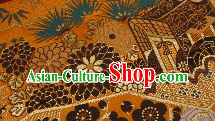 Orange Japanese Kimono Drapery Traditional Brocade Fabric Classical Crane Pattern Design Nishijin Cloth