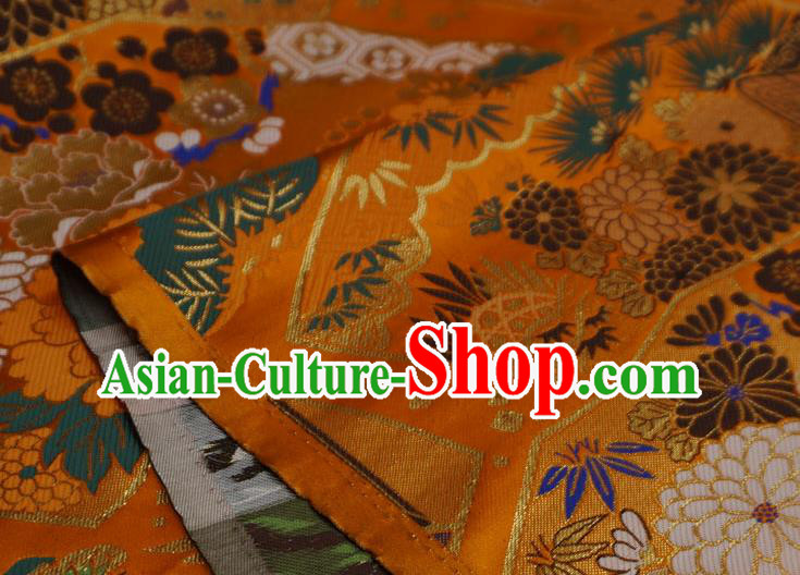 Orange Japanese Kimono Drapery Traditional Brocade Fabric Classical Crane Pattern Design Nishijin Cloth