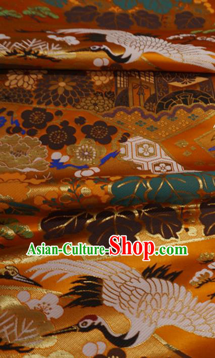 Orange Japanese Kimono Drapery Traditional Brocade Fabric Classical Crane Pattern Design Nishijin Cloth
