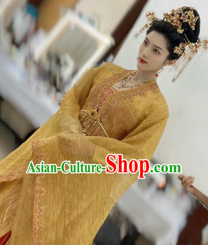 China Ancient Queen Golden Dresses Traditional Hanfu Empress Costumes Romantic TV Series New Life Begins Shangguan Yan Clothing