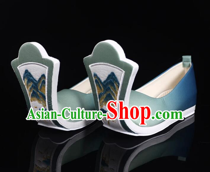 China Tang Dynasty Princess Shoes Traditional Hanfu Shoes Handmade Turquoise Shoes